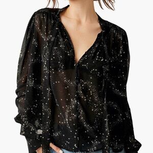 Free People Stars Align Print Tie Neck Top